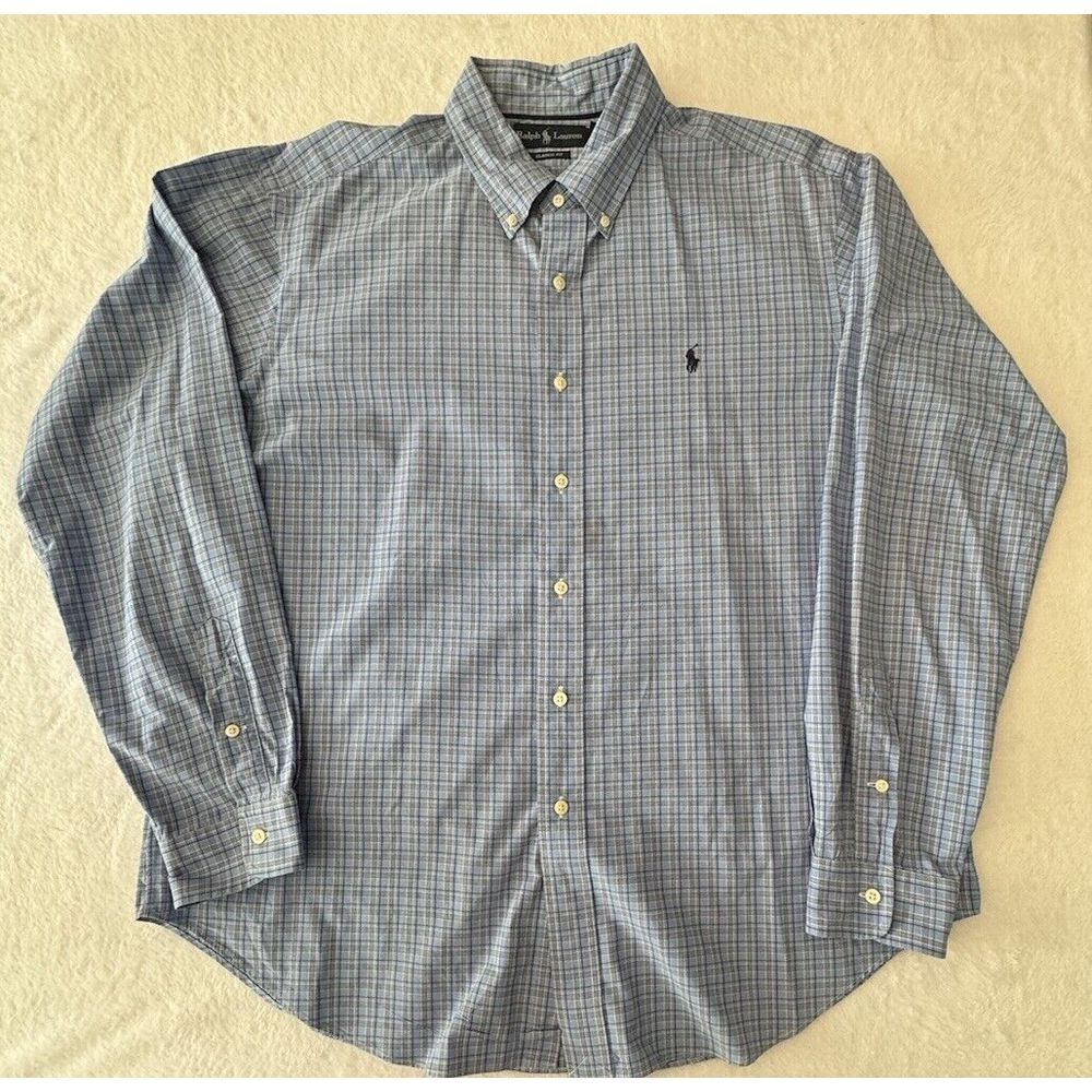 Ralph Lauren Shirt Men XXL BLUE Plaid Cotton Button Down EUC Classic ~ Fast Ship - Picture 7 of 8